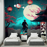 Japanese garden wallpaper creating zen atmosphere in modern living room with cherry blossoms and moonlit scene