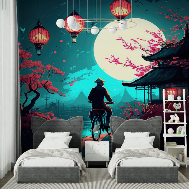 Japanese garden wallpaper creating zen atmosphere in modern living room with cherry blossoms and moonlit scene