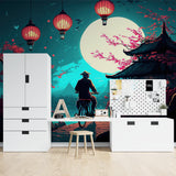 Cherry blossom night scene mural in cozy bedroom setting with soft lighting