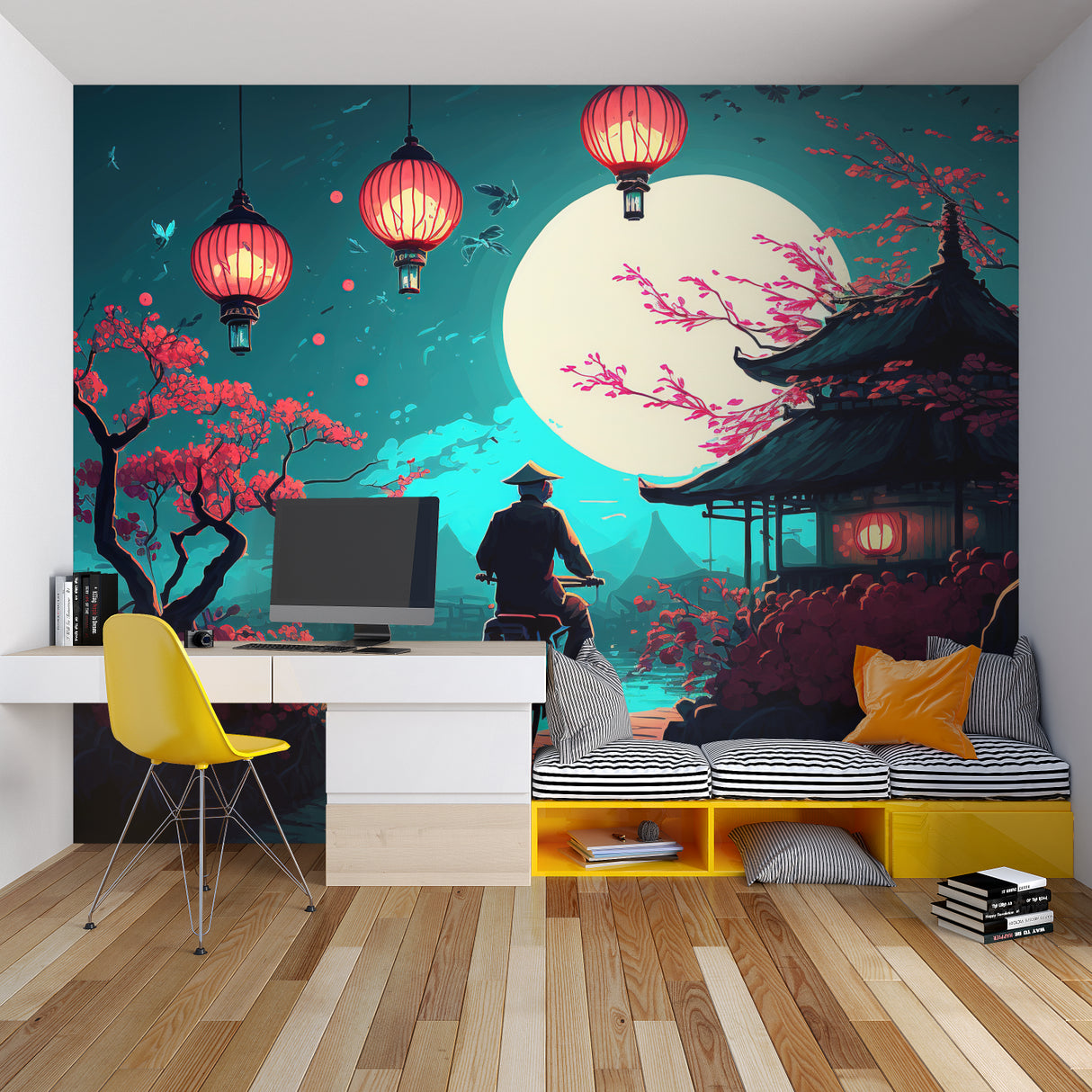 Japanese lantern wallpaper transforming dining room with night garden theme