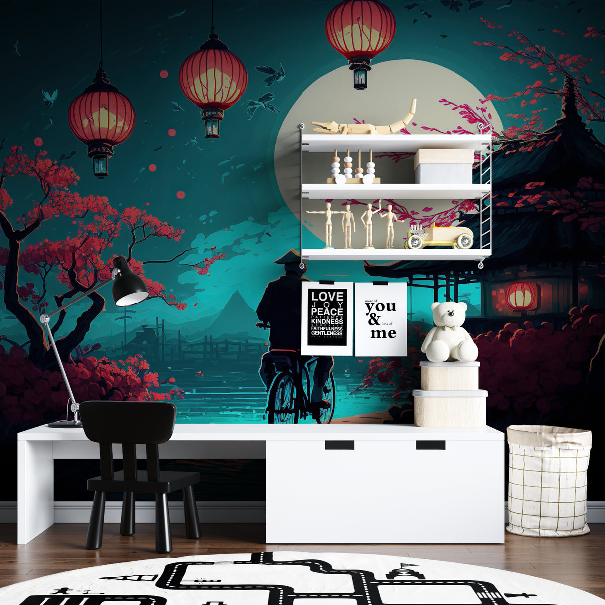 Oriental garden mural adding depth to meditation room with moonlit scenery
