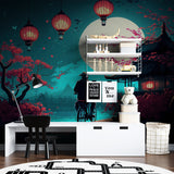 Oriental garden mural adding depth to meditation room with moonlit scenery