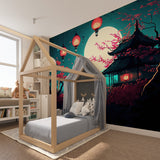 Night scene wallpaper creating ambiance in home office with cherry blossoms