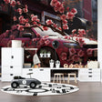 Japanese sports car wallpaper styled in modern teen bedroom with gaming setup