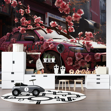 Japanese sports car wallpaper styled in modern teen bedroom with gaming setup