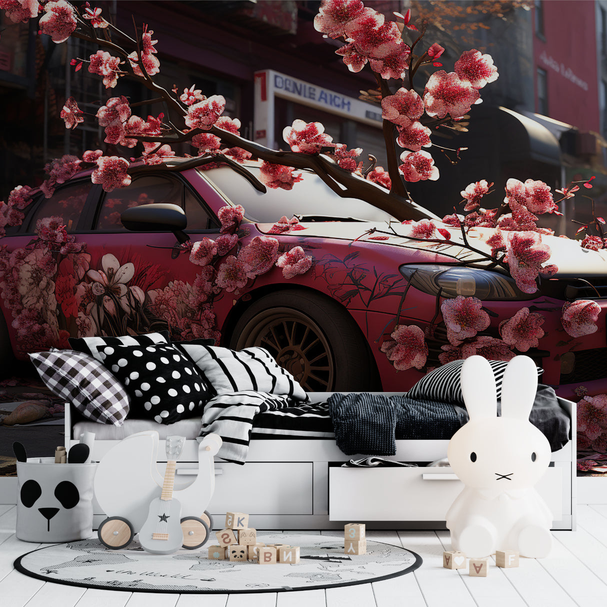 Urban Japanese wall mural featuring sports car in contemporary living room