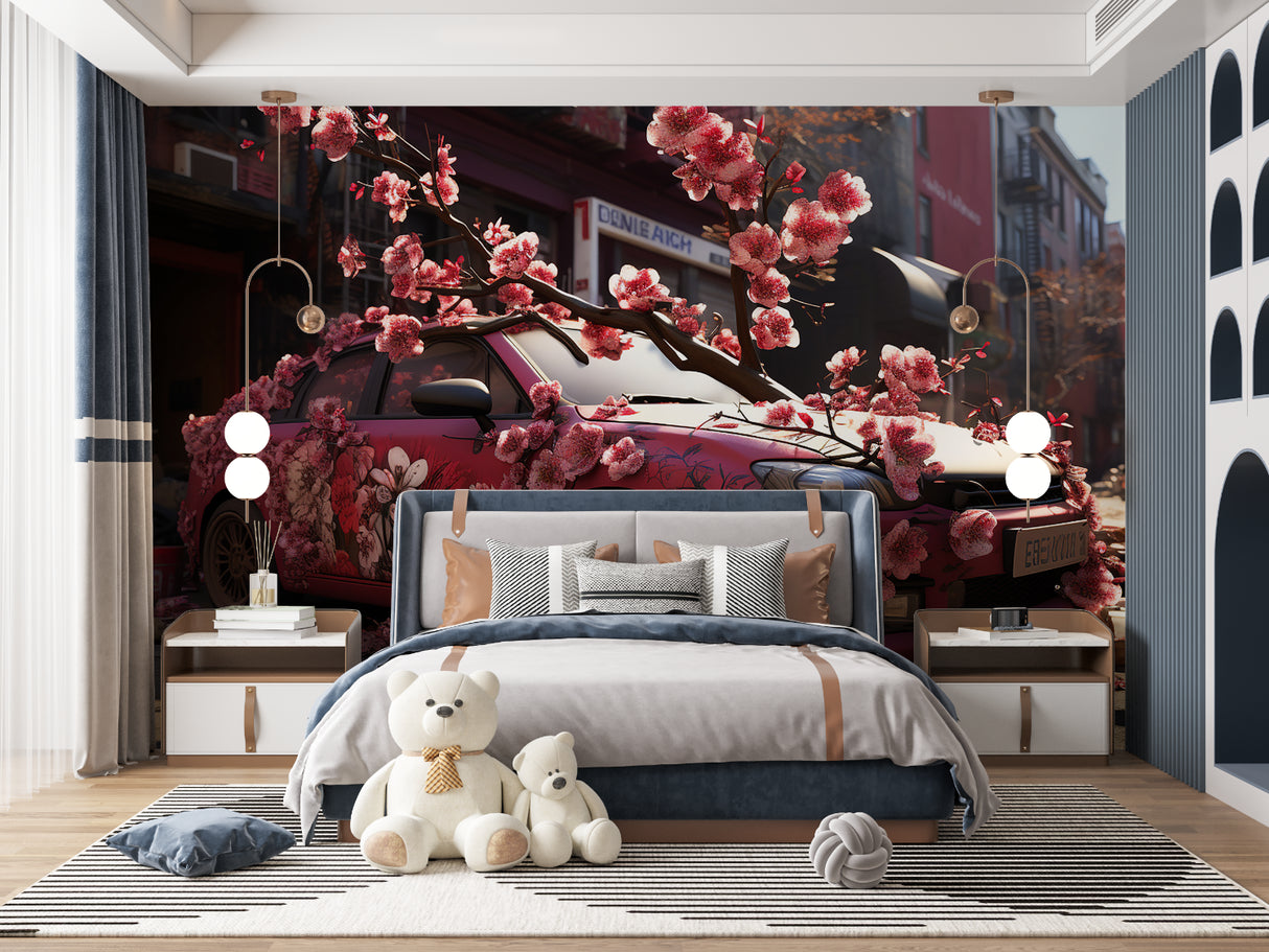 Cherry blossom car design mural in stylish home office setup