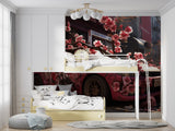 Japanese automotive wallpaper showcased in game room with LED lighting