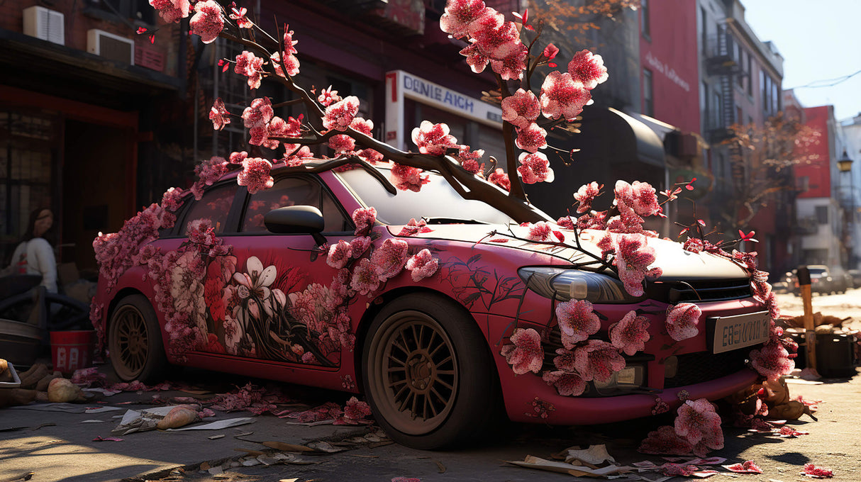 Design file showing red sports car with cherry blossom pattern on dark background