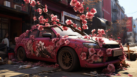 Design file showing red sports car with cherry blossom pattern on dark background