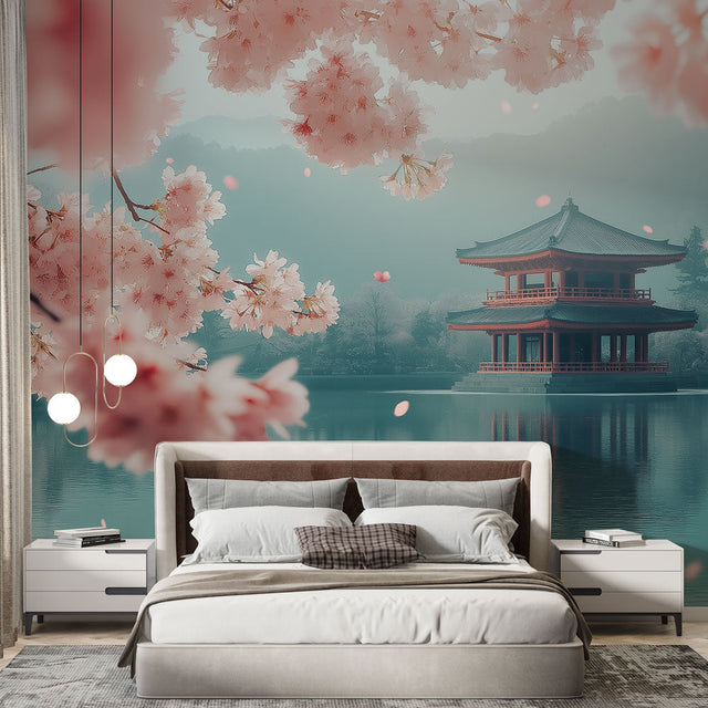 Japanese temple wallpaper with cherry blossoms shown in a minimalist living room, creating a peaceful Asian-inspired atmosphere