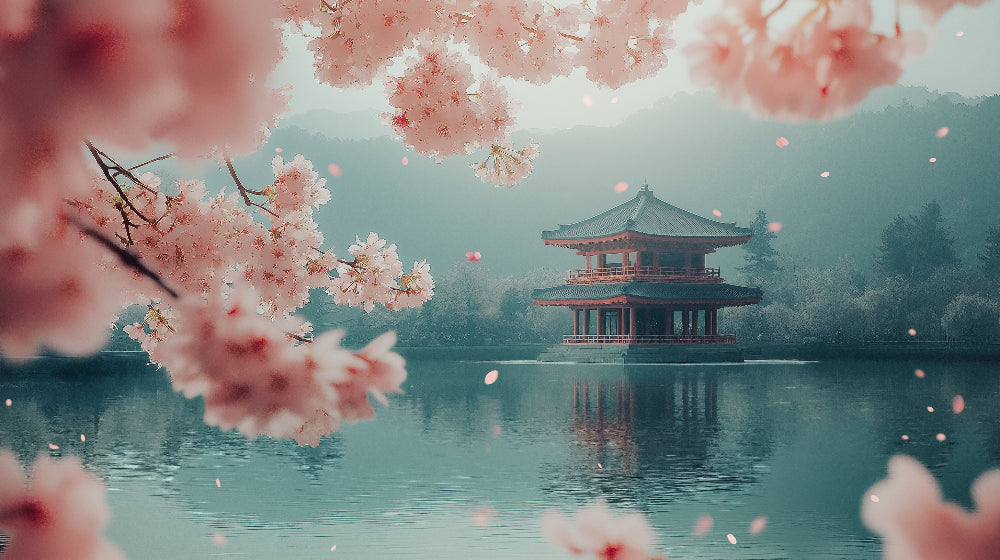 Cherry blossom temple wallpaper design file showing detailed pagoda and pink sakura pattern
