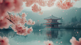 Cherry blossom temple wallpaper design file showing detailed pagoda and pink sakura pattern