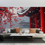 Japanese temple wallpaper with cherry blossoms creating a peaceful atmosphere in a modern minimalist living room