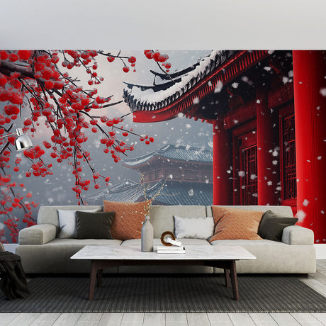 Japanese temple wallpaper with cherry blossoms creating a peaceful atmosphere in a modern minimalist living room
