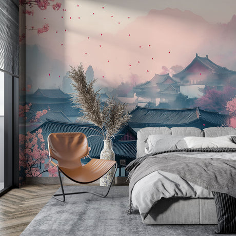 Japanese temple wallpaper with cherry blossoms creating a peaceful atmosphere in a modern living room setting