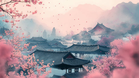 Cherry blossom temple landscape design file showing detailed pink petals and misty temple architecture