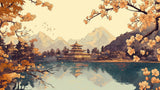Papel Pintado Mural Japonés | Templo de Cerezos en Flor con Lago de Montaña