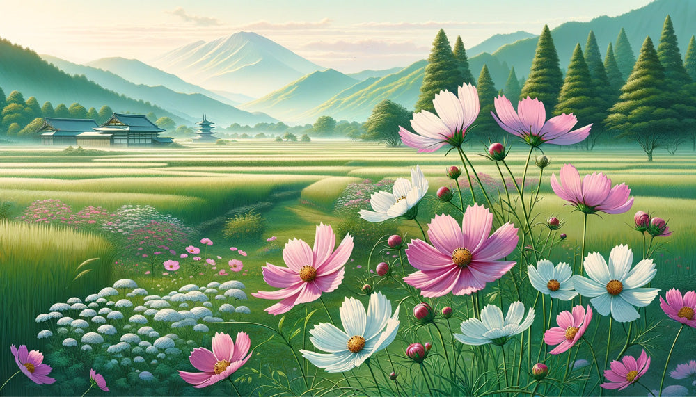 Japanese garden wallpaper with Mount Fuji and cosmos flowers creating a peaceful atmosphere in a modern living room