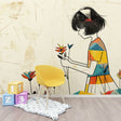 Japanese geometric wallpaper with floral elements creating a zen atmosphere in a modern living room with natural light