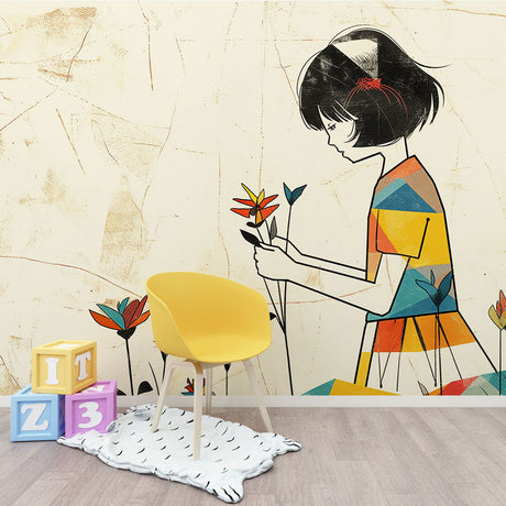 Japanese geometric wallpaper with floral elements creating a zen atmosphere in a modern living room with natural light