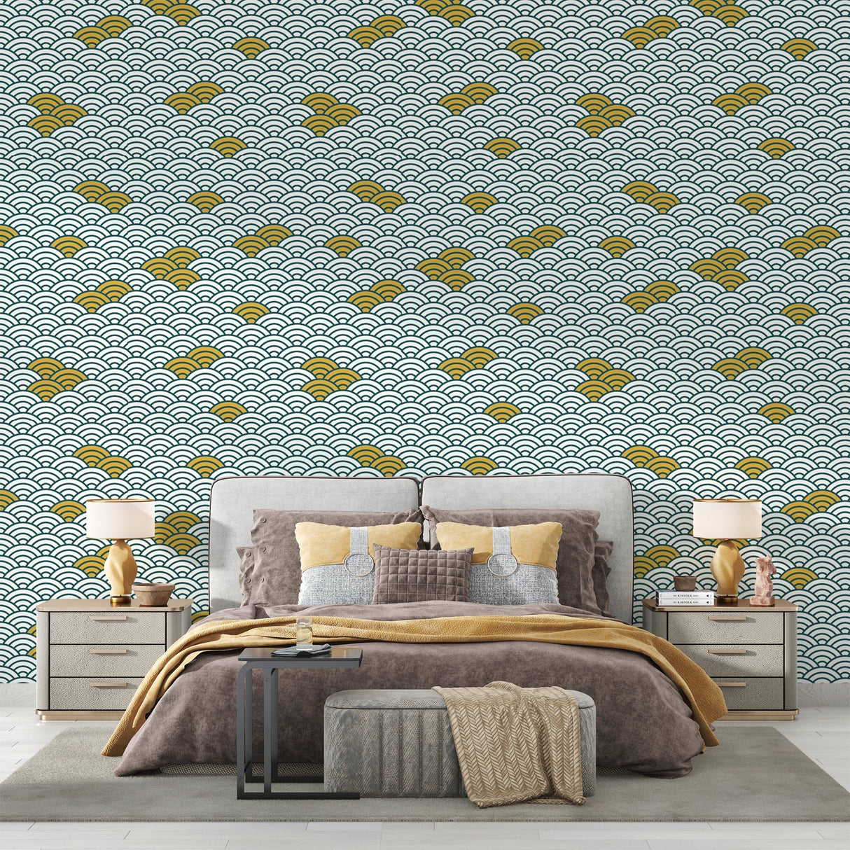 Japanese wave wallpaper in modern white dining room with gold accents creating an elegant atmosphere