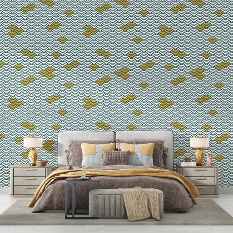 Japanese wave wallpaper in modern white dining room with gold accents creating an elegant atmosphere