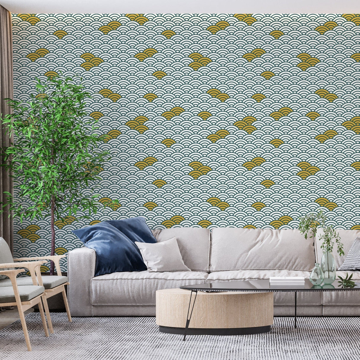 Gold and white Japanese wave pattern wallpaper in master bedroom showing flowing design