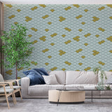 Gold and white Japanese wave pattern wallpaper in master bedroom showing flowing design