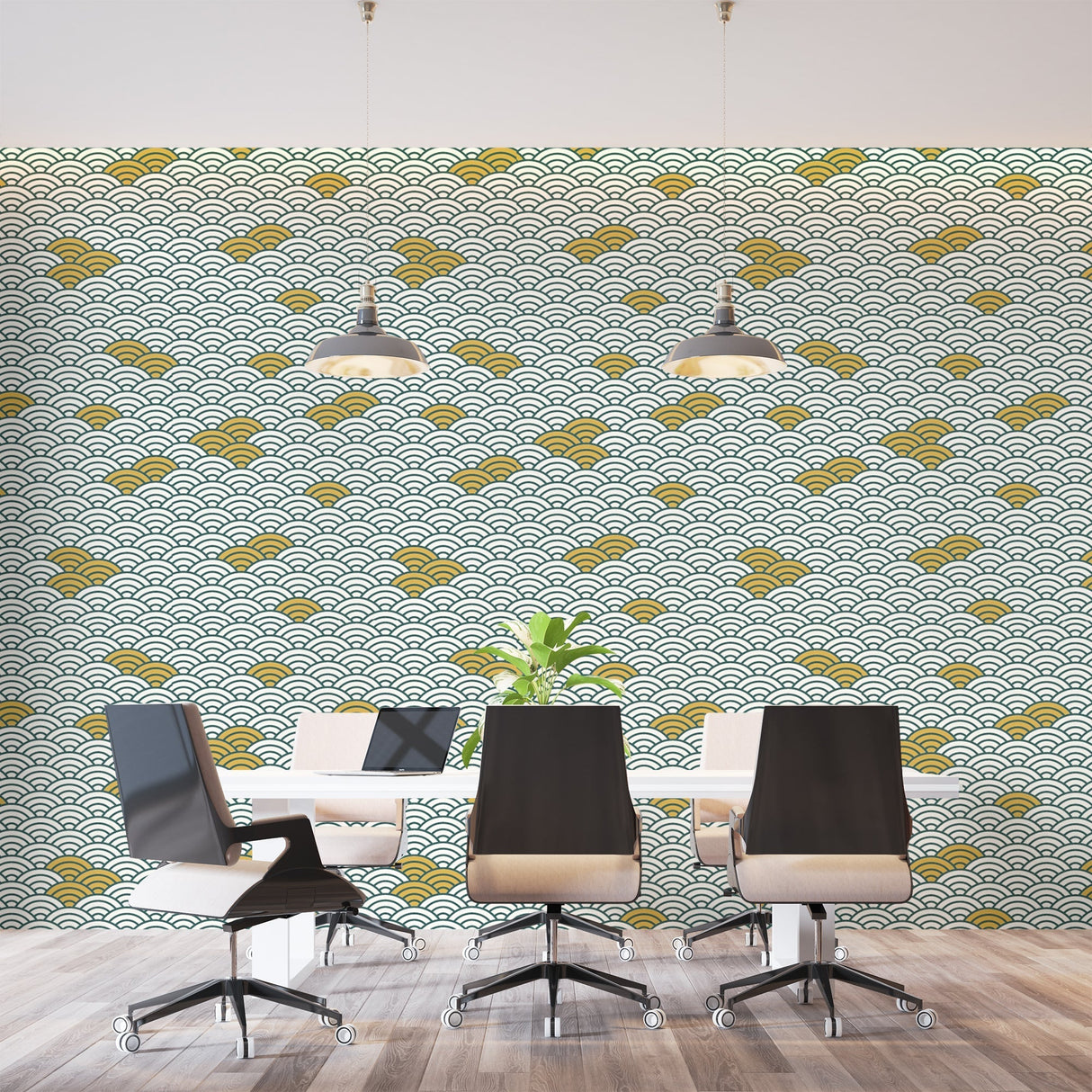 Japanese wave wallpaper bringing zen style to minimalist living room with gold details