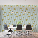 Japanese wave wallpaper bringing zen style to minimalist living room with gold details