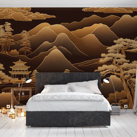 Japanese temple wallpaper with gold details shown in a modern dining room, creating an elegant Asian-inspired atmosphere