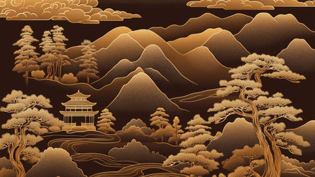 Japanese Mountain Temple design file showing intricate gold patterns on black background