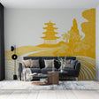 Japanese pagoda wallpaper creating a stunning accent wall in a modern minimalist living room with golden afternoon light