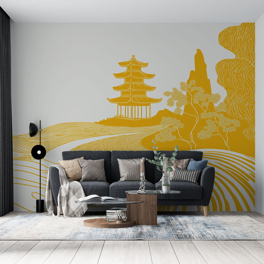 Japanese pagoda wallpaper creating a stunning accent wall in a modern minimalist living room with golden afternoon light