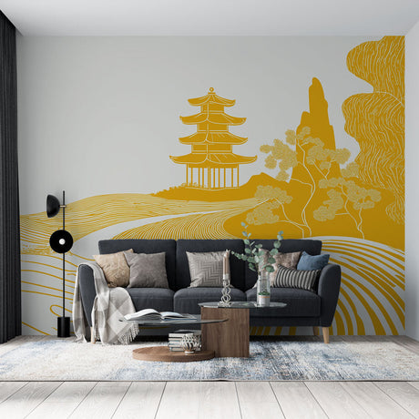 Japanese pagoda wallpaper creating a stunning accent wall in a modern minimalist living room with golden afternoon light