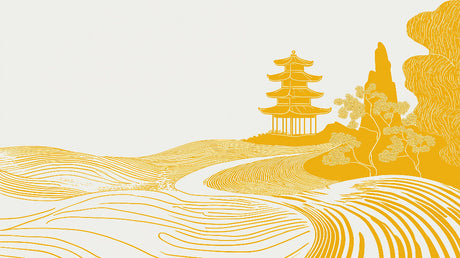 Japanese pagoda and waves design file showing intricate gold details on white background