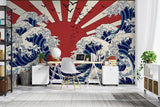 Japanese wave wallpaper creating drama in modern living room with minimal furniture and natural light