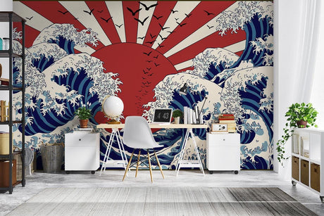 Japanese wave wallpaper creating drama in modern living room with minimal furniture and natural light