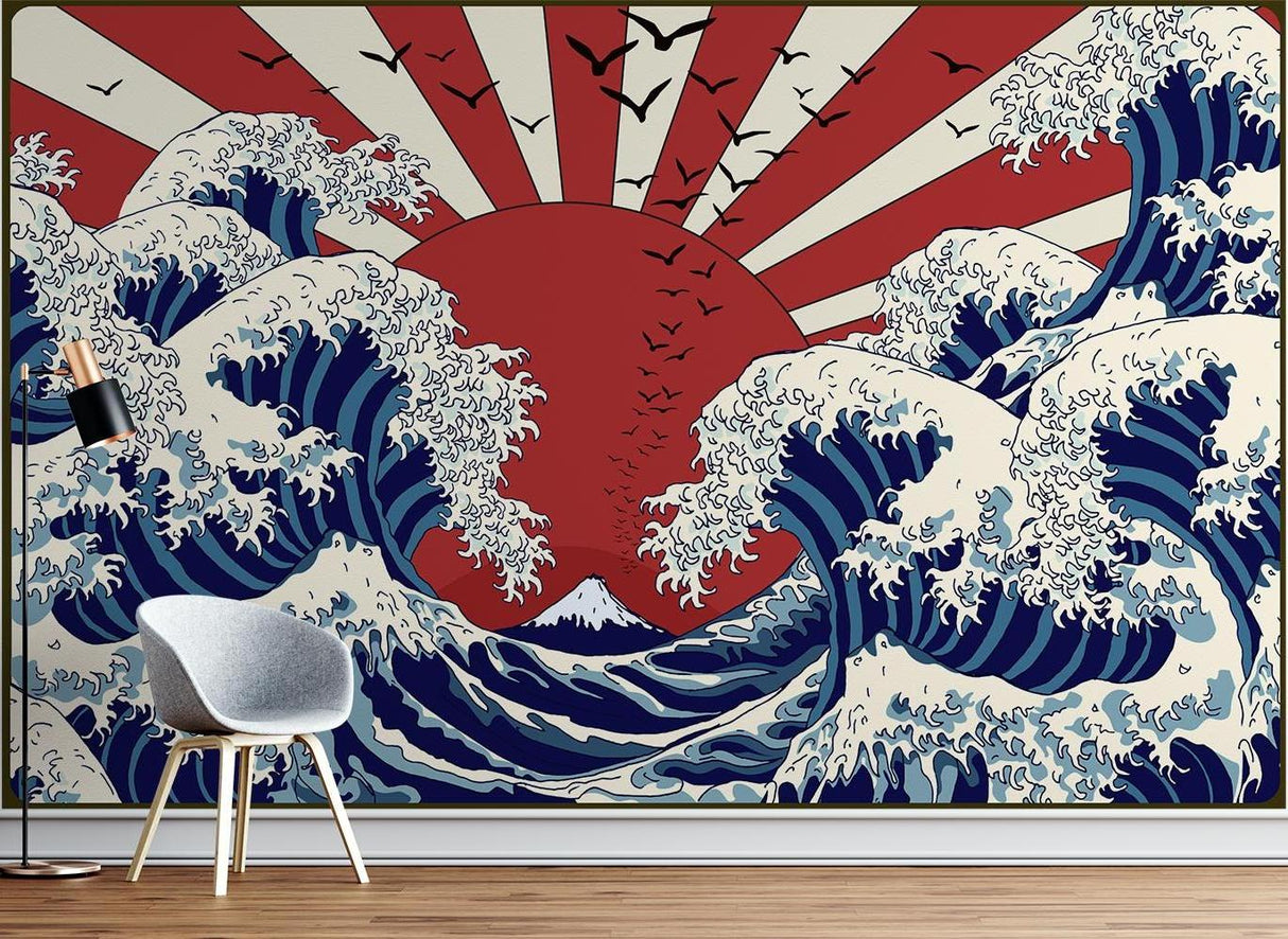 Oriental wave mural bringing artistic flair to bedroom with soft lighting and contemporary decor