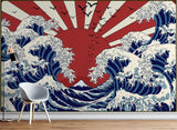 Oriental wave mural bringing artistic flair to bedroom with soft lighting and contemporary decor