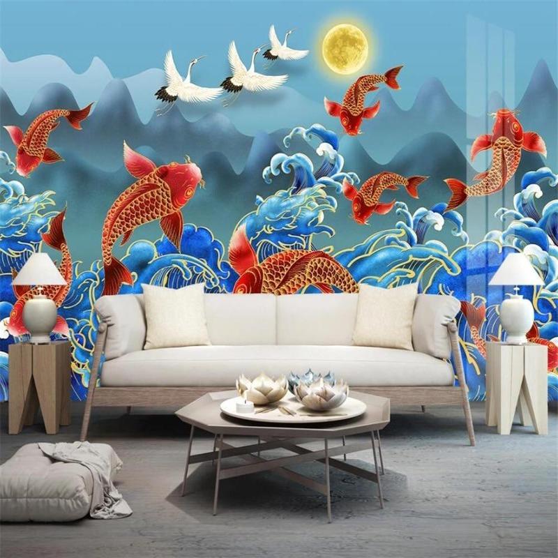 Japanese koi fish wallpaper in modern dining room setting, showing dynamic waves and swimming koi