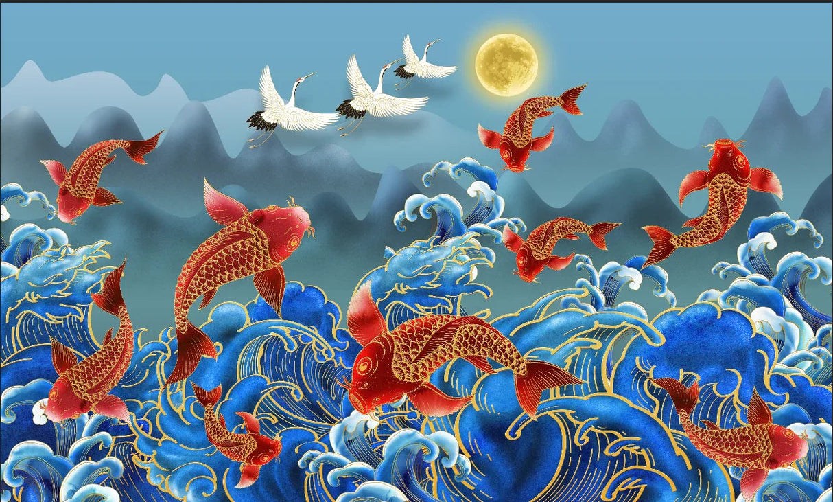 Japanese koi and ocean waves design file showing intricate pattern details and rich colors