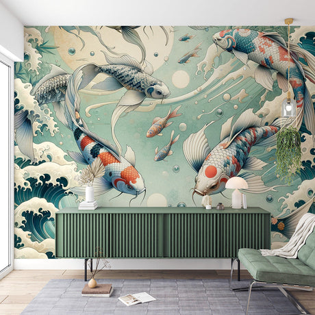 Japanese Koi Fish Wallpaper creating a peaceful atmosphere in a modern minimalist living room with natural light