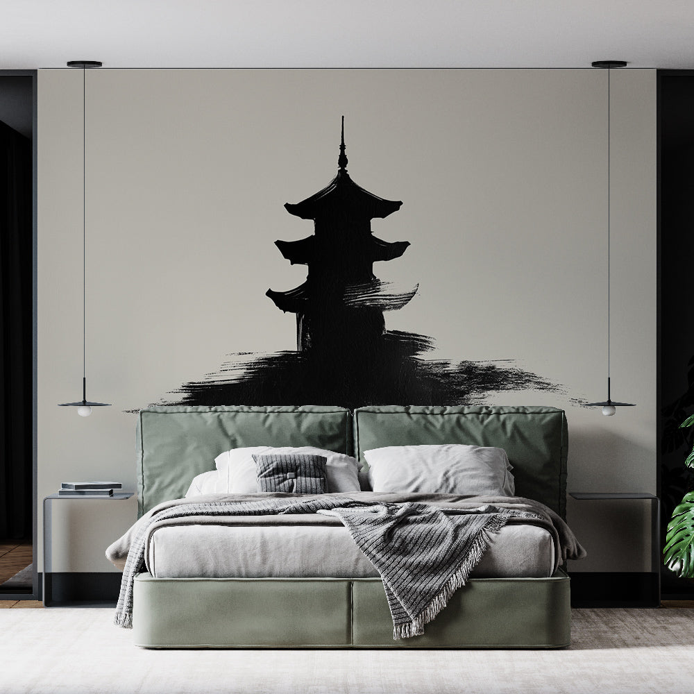Japanese pagoda wallpaper creating a peaceful atmosphere in a modern living room with minimalist furniture