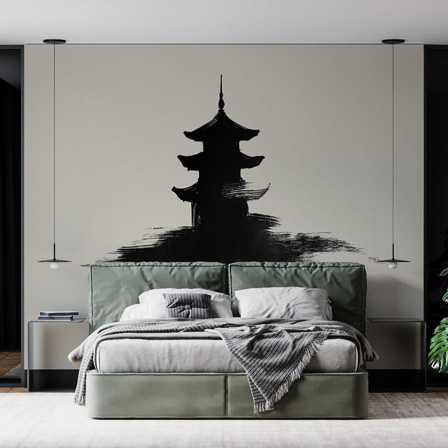 Japanese pagoda wallpaper creating a peaceful atmosphere in a modern living room with minimalist furniture