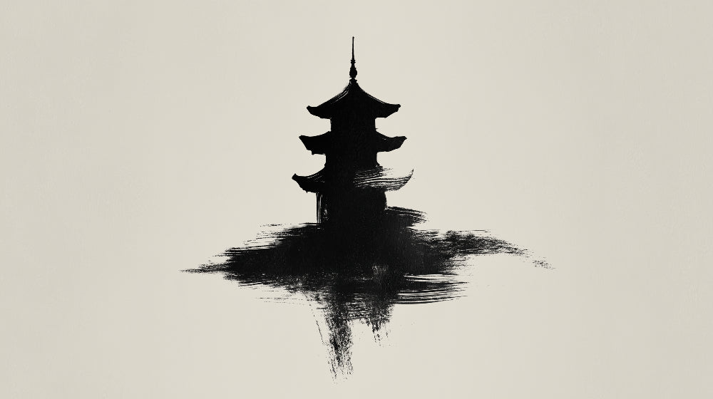 Minimalist Japanese pagoda design file showing detailed black brushstrokes on beige background