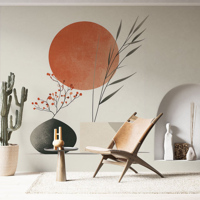 Japanese minimalist wallpaper with terracotta sun and bamboo in modern living room with natural light