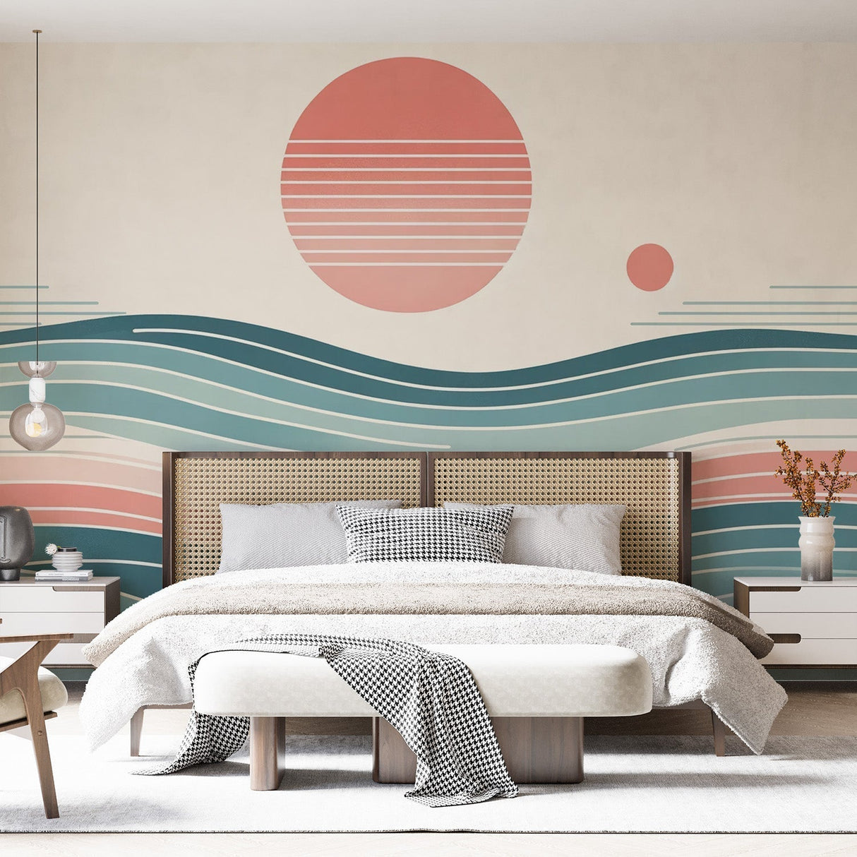 Japanese wave wallpaper creating a serene atmosphere in a modern minimalist living room with natural light