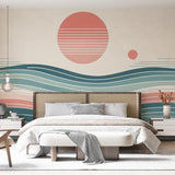 Japanese wave wallpaper creating a serene atmosphere in a modern minimalist living room with natural light